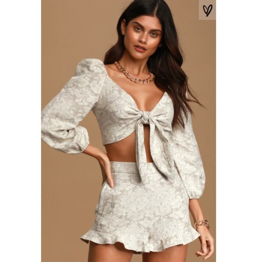 Emily Beige Jacquard Tie-Front Long Sleeve Crop To